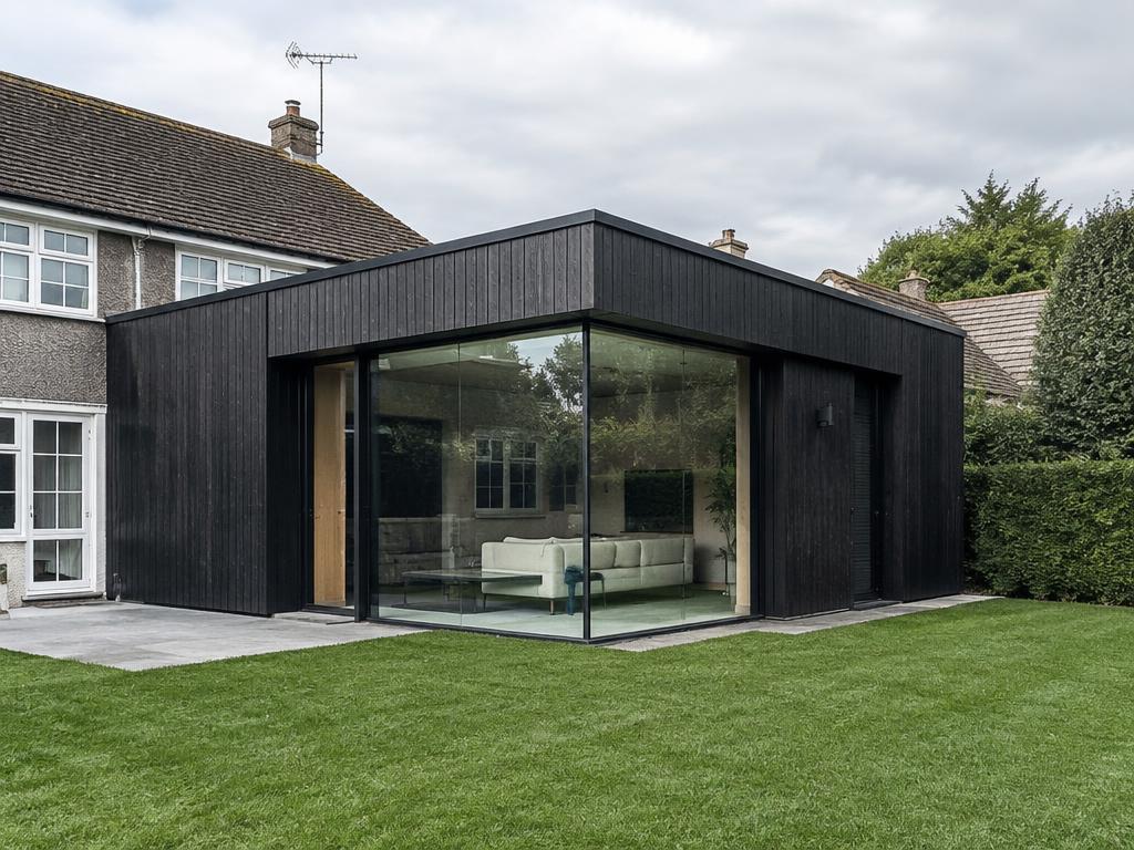 Dark timber-clad extension with frameless glazing