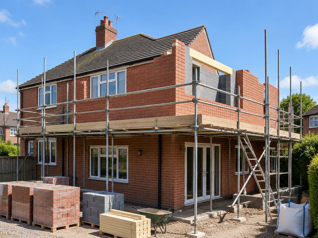 First-floor extension walls rising behind scaffolding