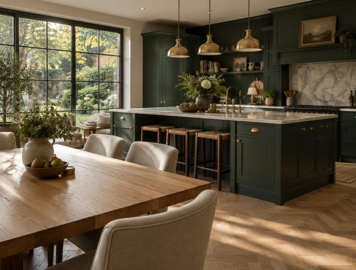 Deep green shaker kitchen with brass detailing and oak dining table in a rear extension
