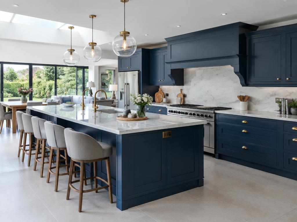 Navy kitchen in an open-plan extension