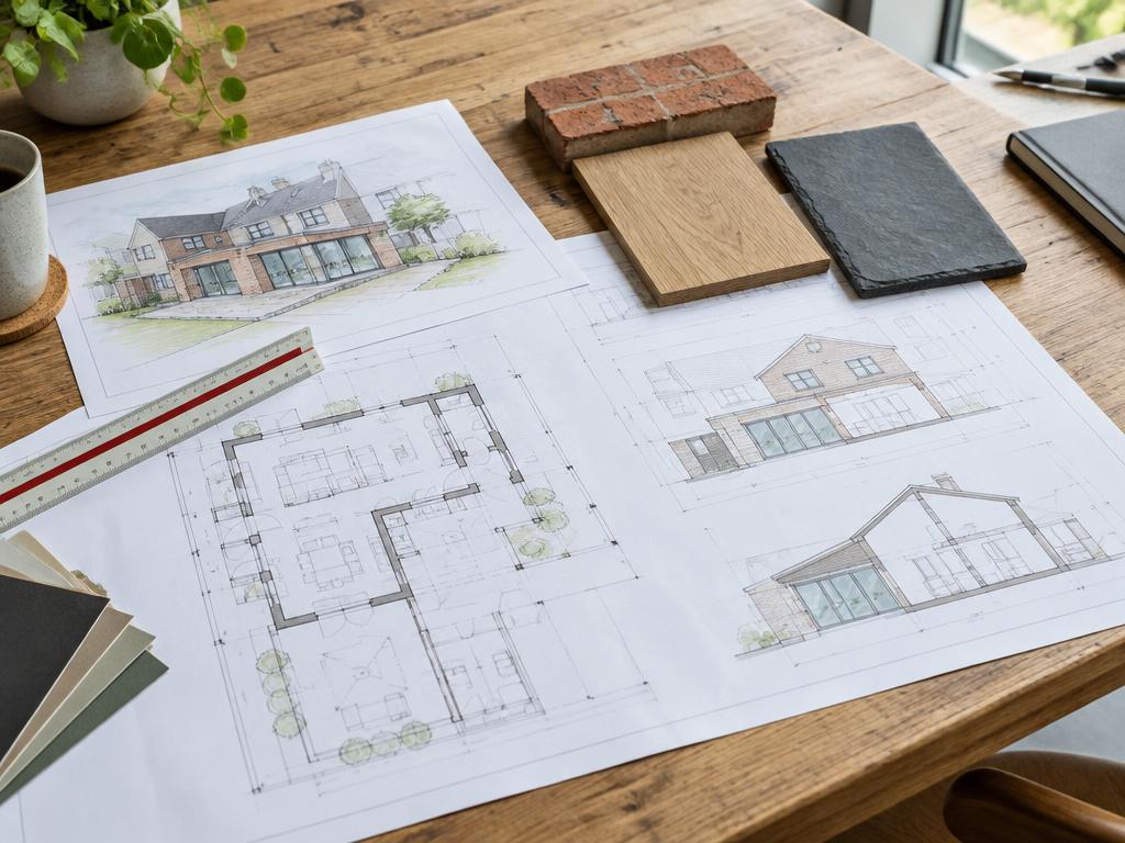 Extension drawings and material samples on a table