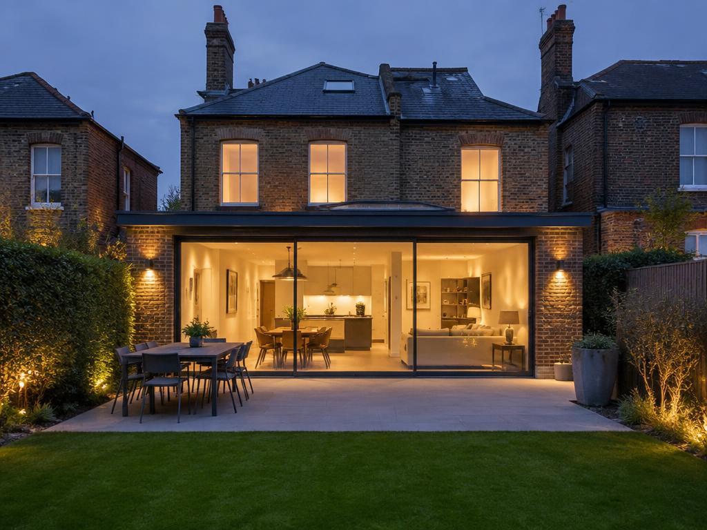 Rear extension with wide glazing lit at dusk