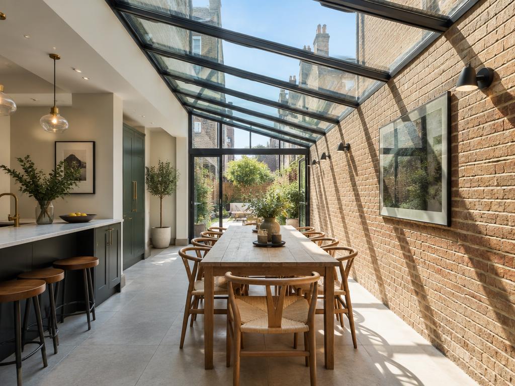 Side return extension dining space under a glass roof