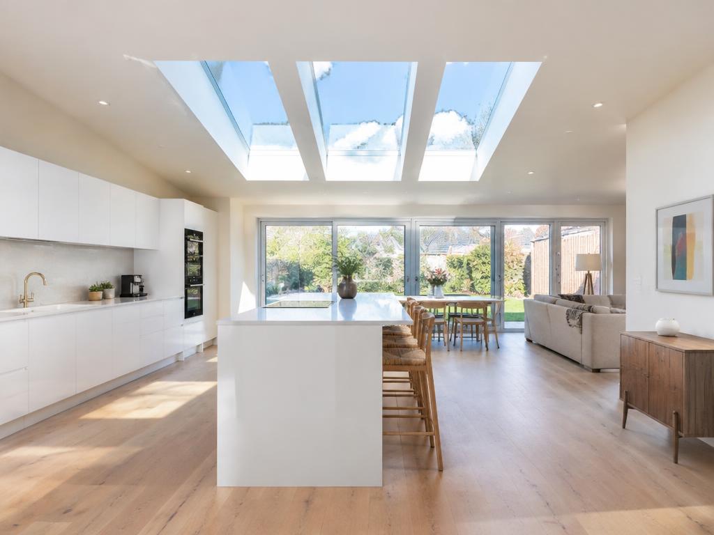 Single-storey extension kitchen under three rooflights