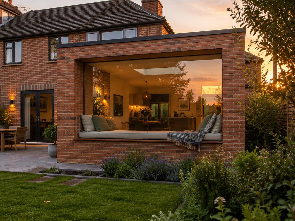 Brick rear extension with window seat at sunset