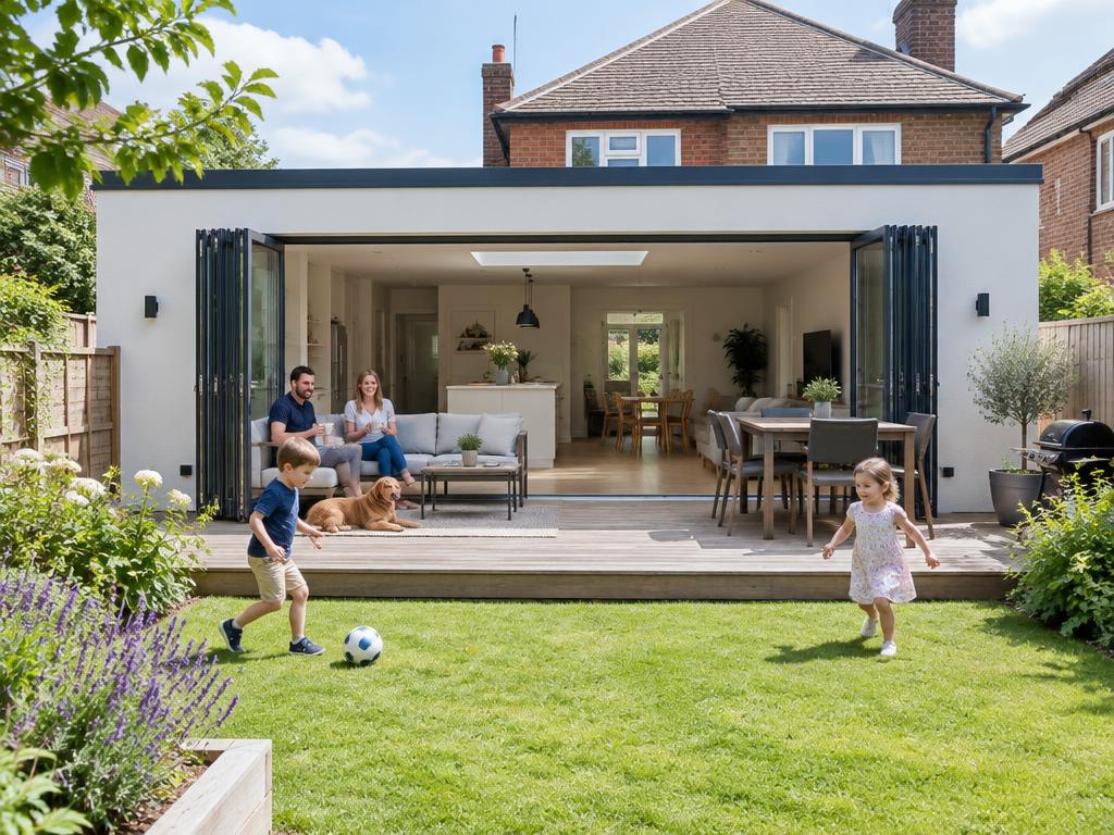 Single-storey extension with bifold doors to a deck