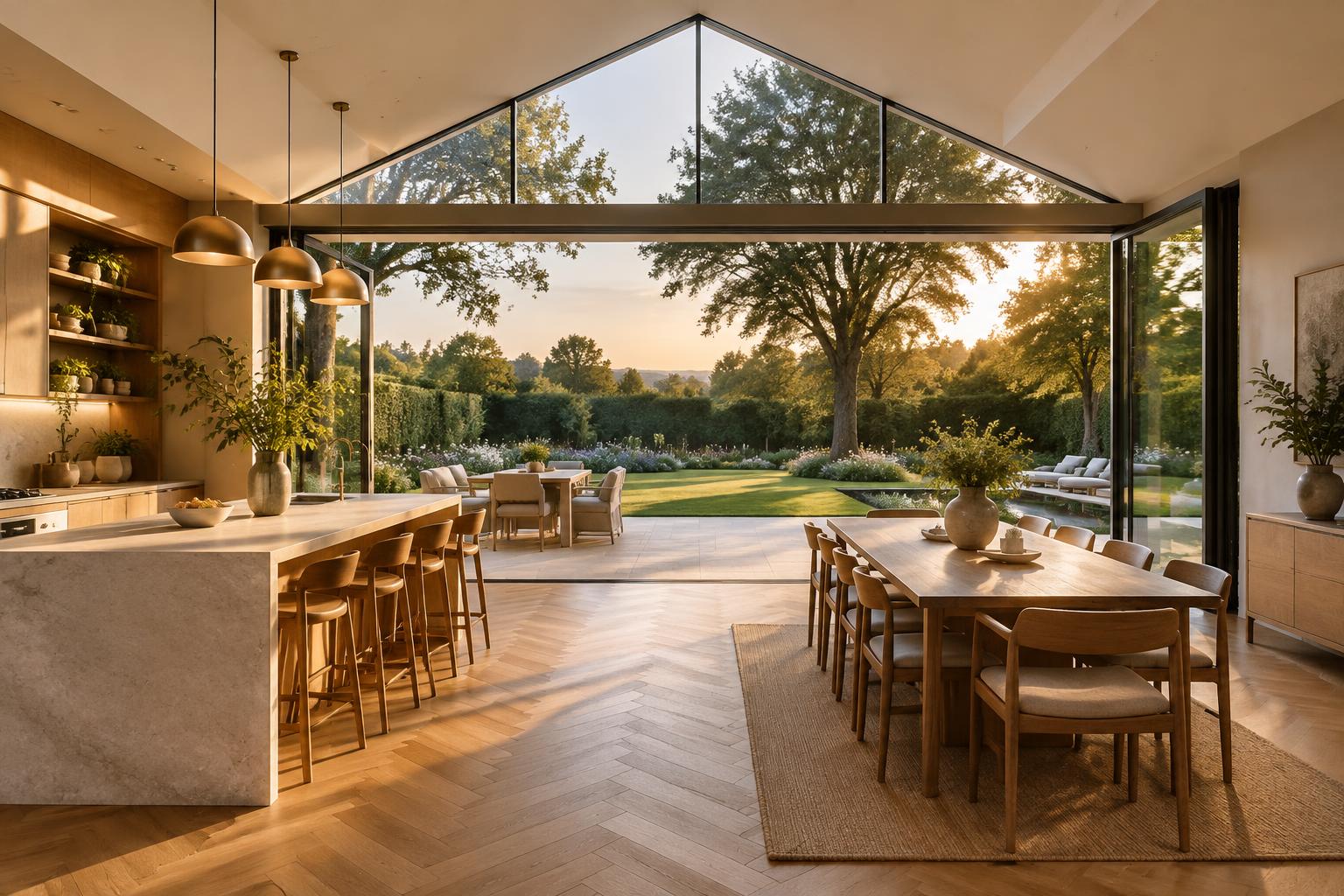 Vaulted open-plan kitchen and dining extension with glass doors open onto a sunlit garden