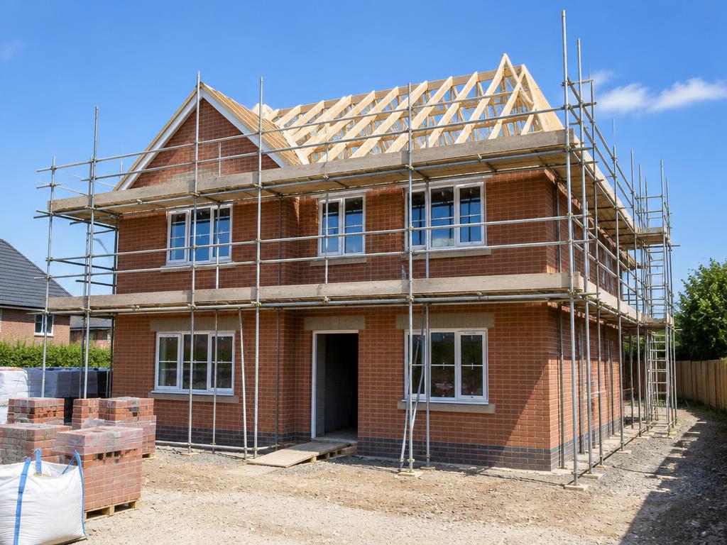 New house under construction with roof trusses