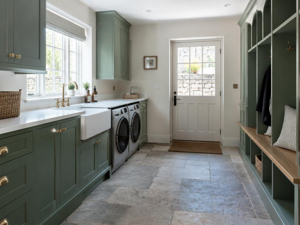 Boot room with painted cabinetry and stone floor