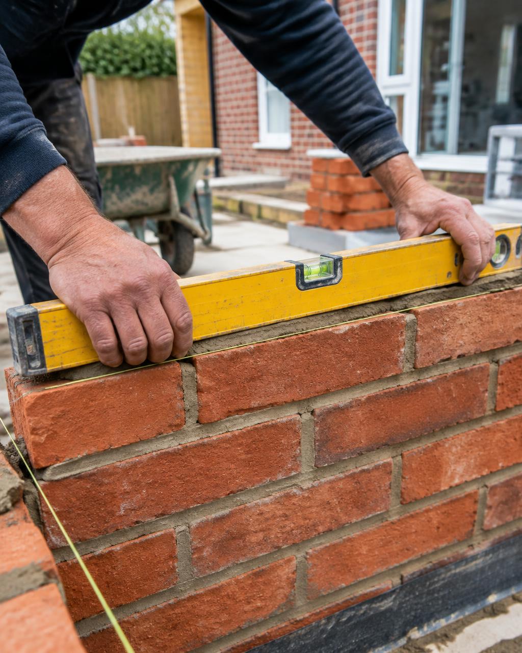 Builder checking level brickwork on a residential extension