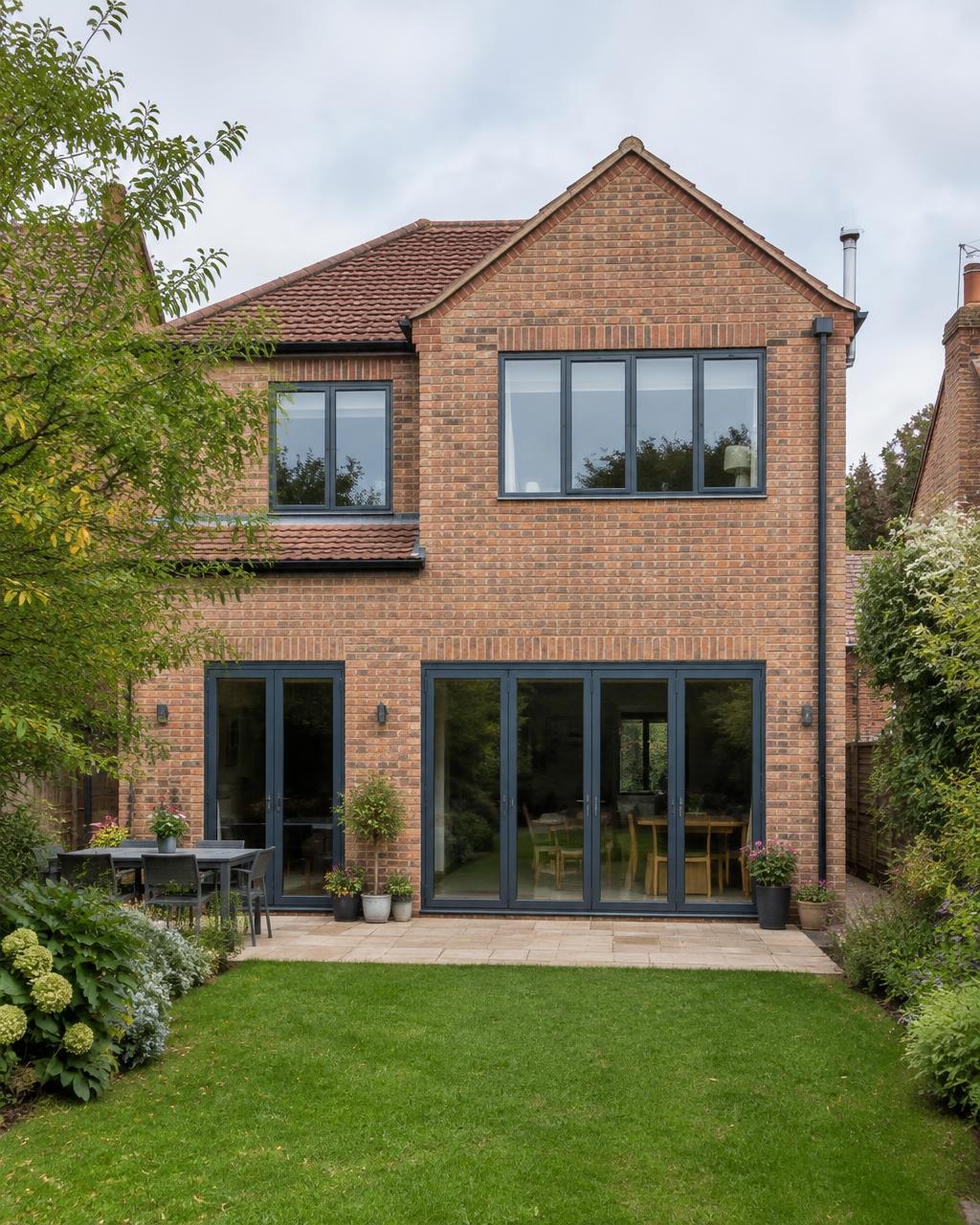 Two-storey brick rear extension with glazed doors to the lawn