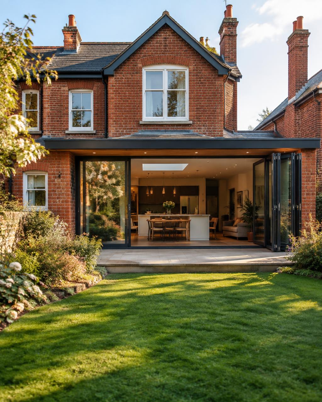 Brick family home with a contemporary rear extension opening onto the garden
