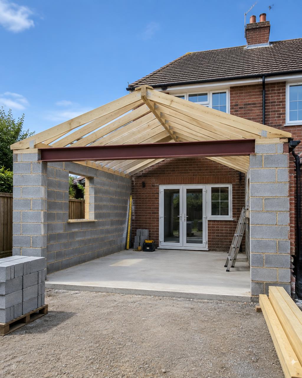 Extension in progress with roof timbers and steel beam in place