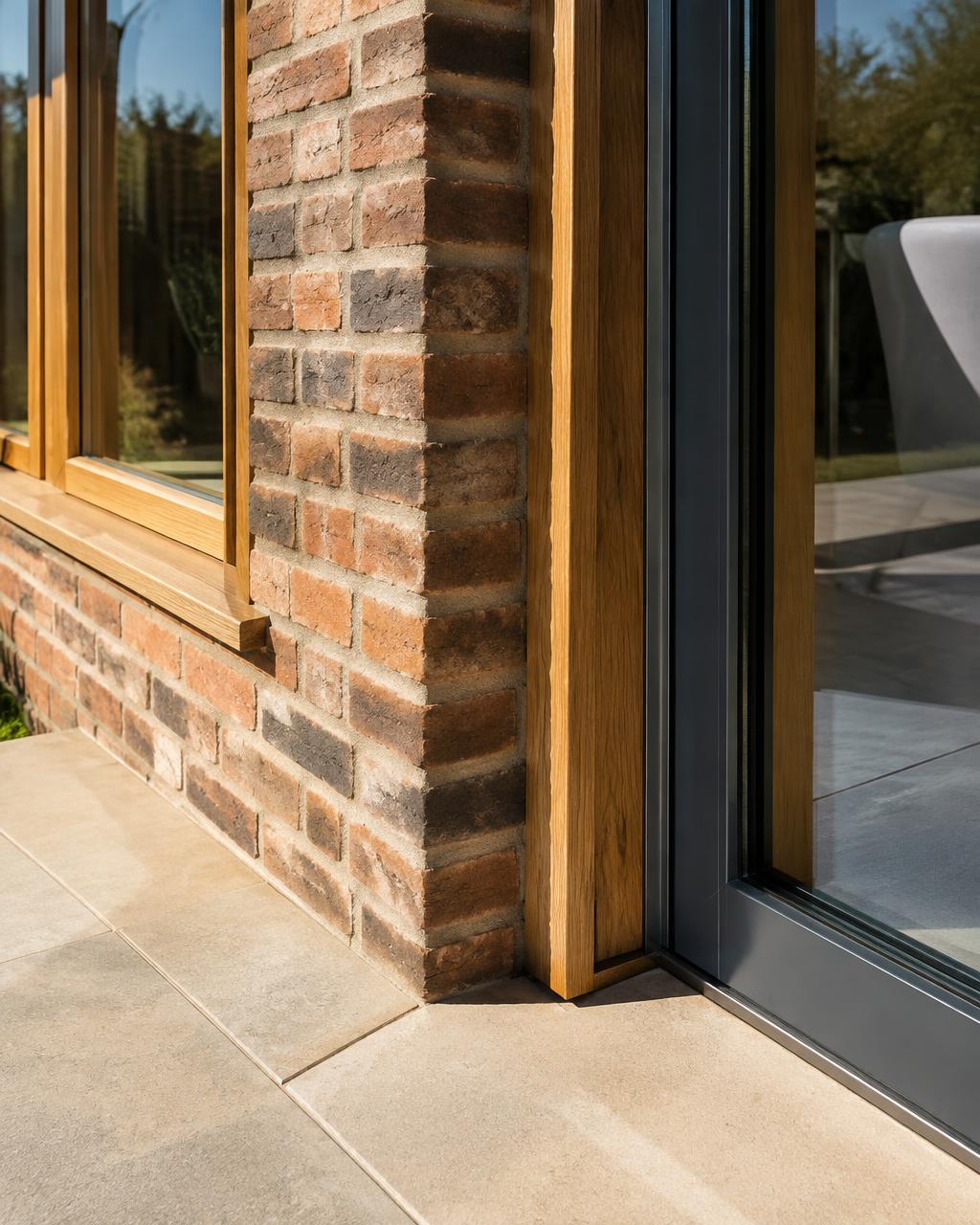Brickwork, oak reveal and aluminium door detail on a finished extension