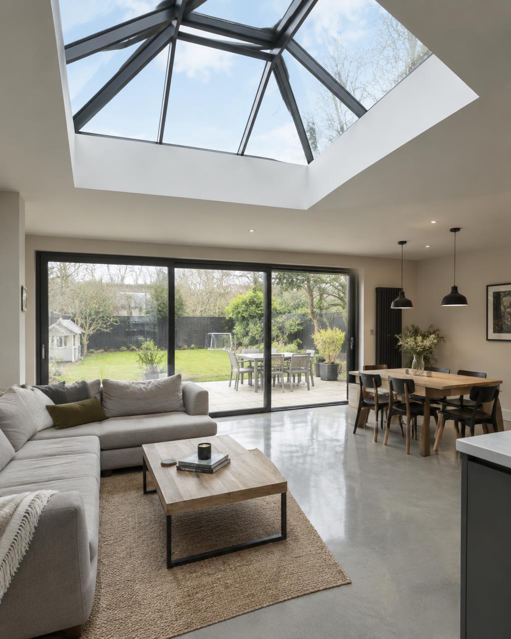 Rear extension living space with roof lantern and sliding doors to the garden