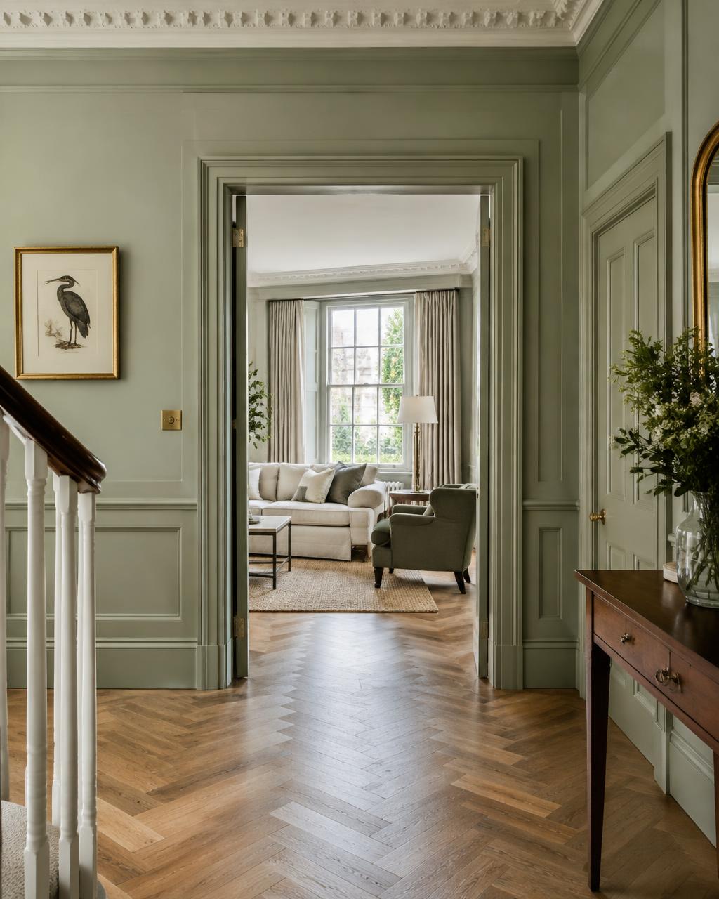 Renovated period hallway with herringbone oak floor and panelled walls