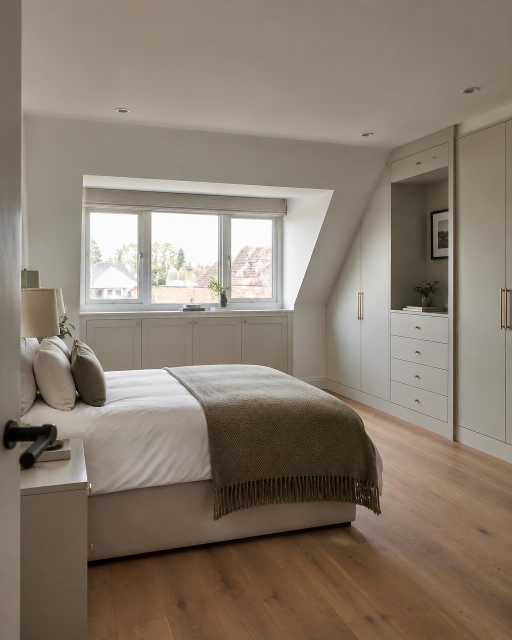 Loft conversion bedroom with dormer window and fitted joinery