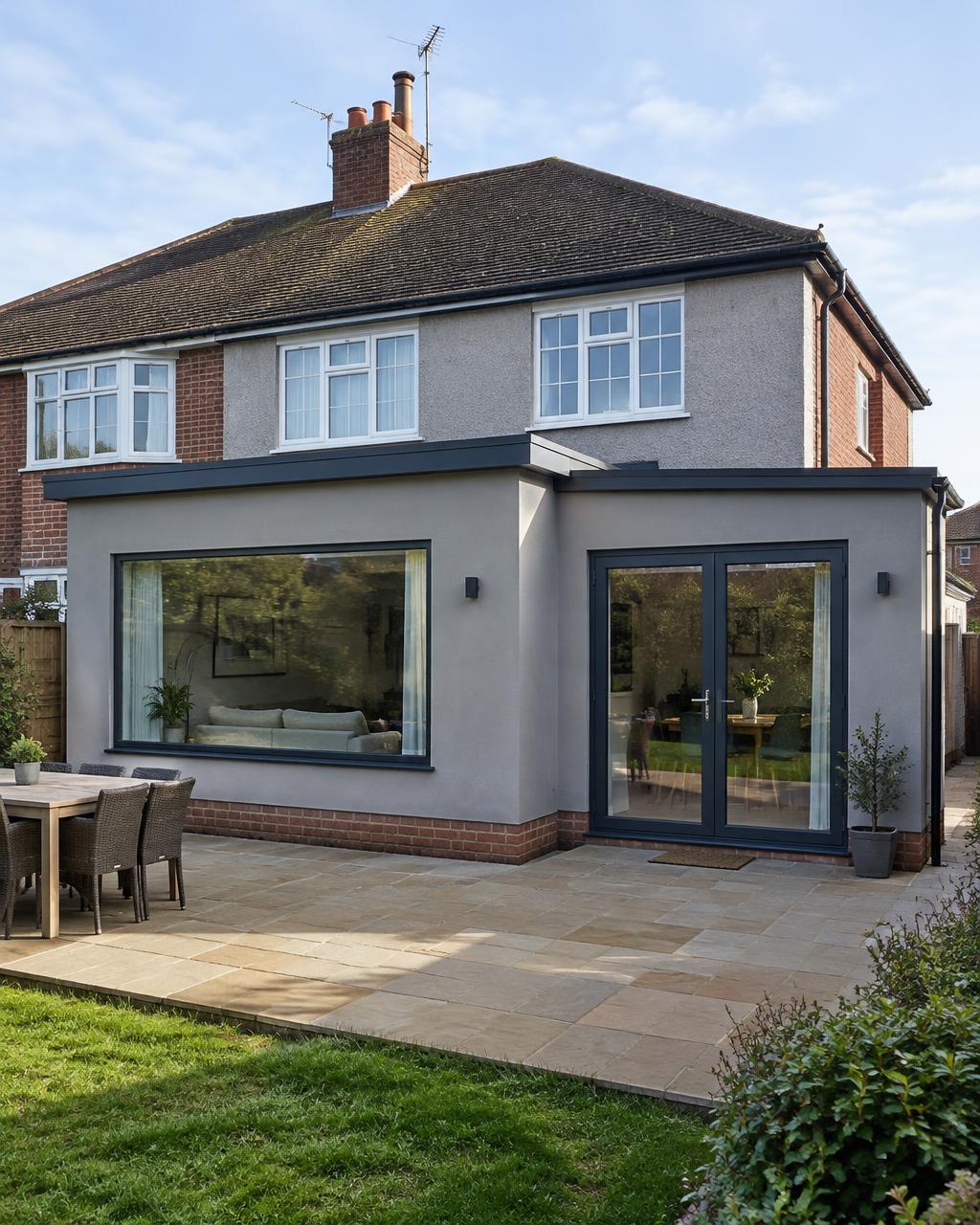 Single-storey flat-roof extension with picture window and patio