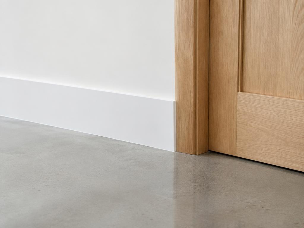Concrete floor, skirting and oak door detail