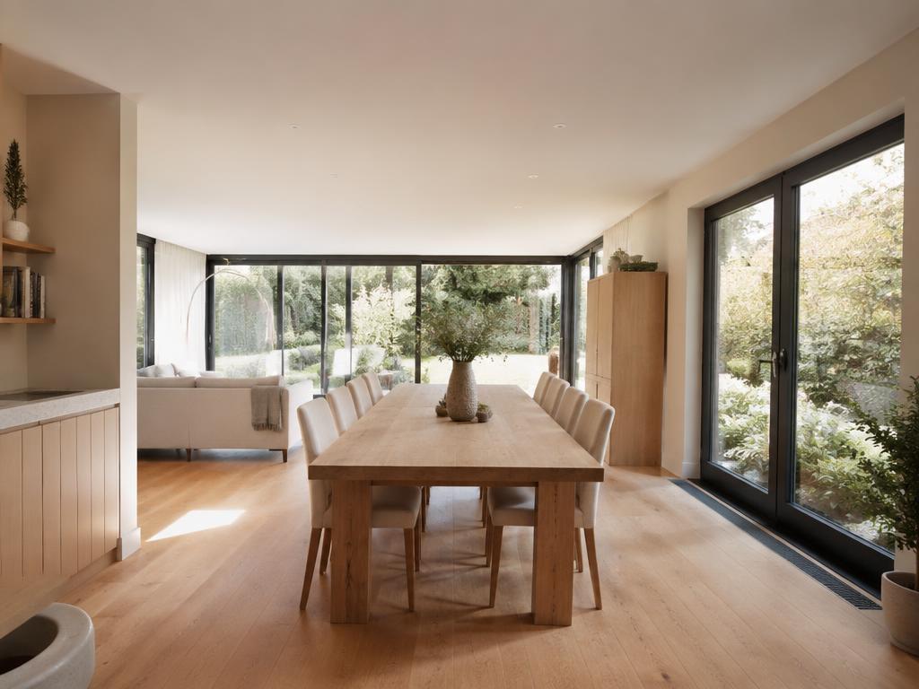 Dining space in a rear extension with garden glazing