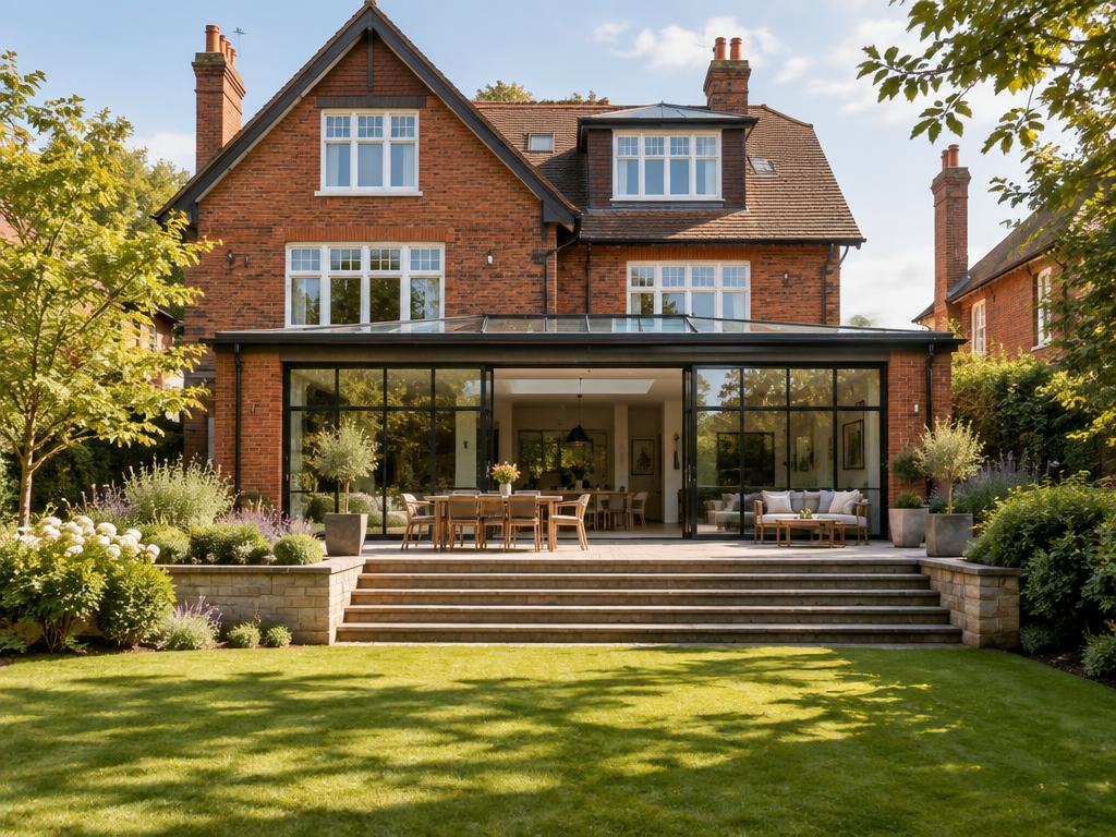 Brick house with glazed extension and terrace steps