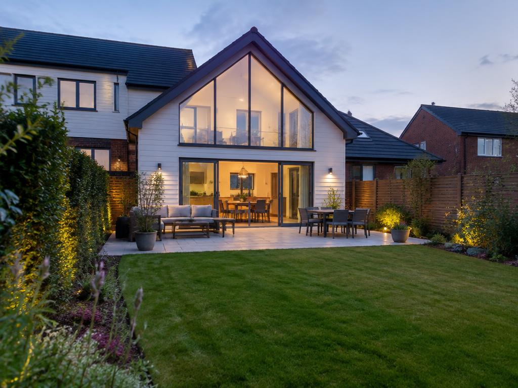 New-build family home garden view at dusk