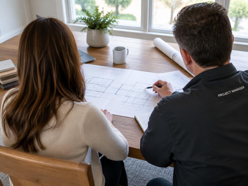 Homeowner and project manager reviewing plans