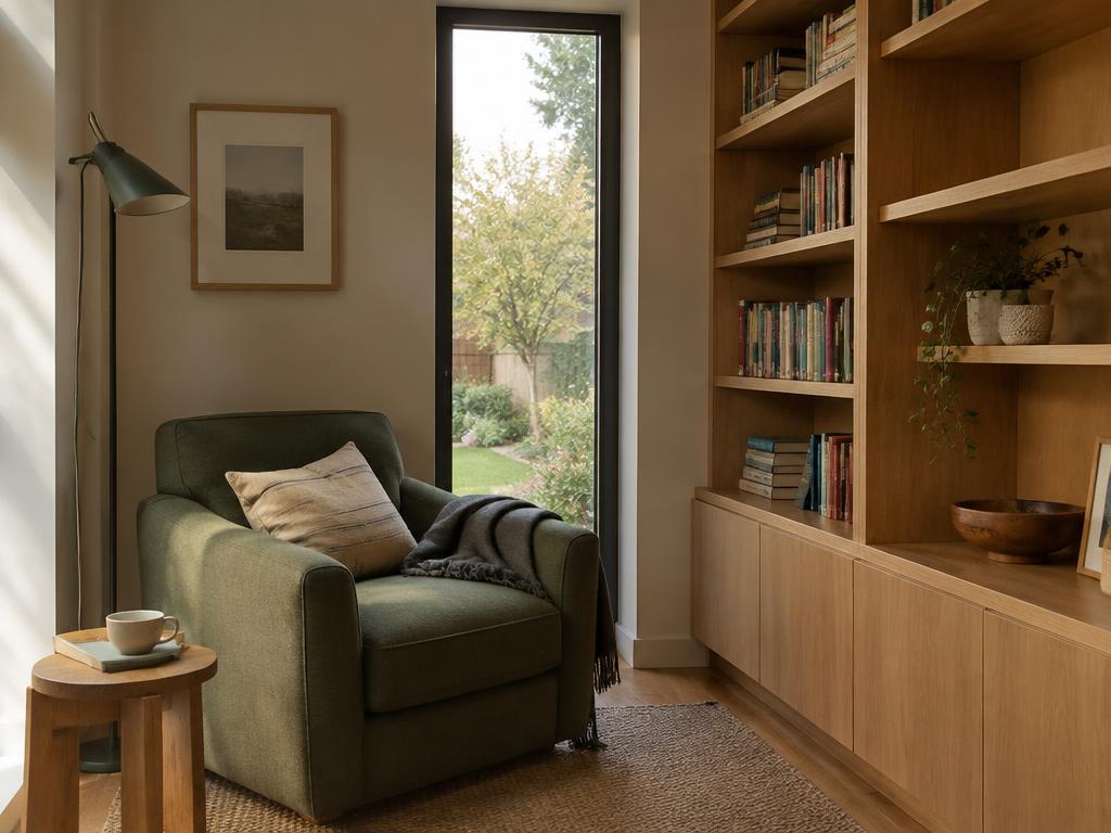 Reading corner beside a slot window in an extension
