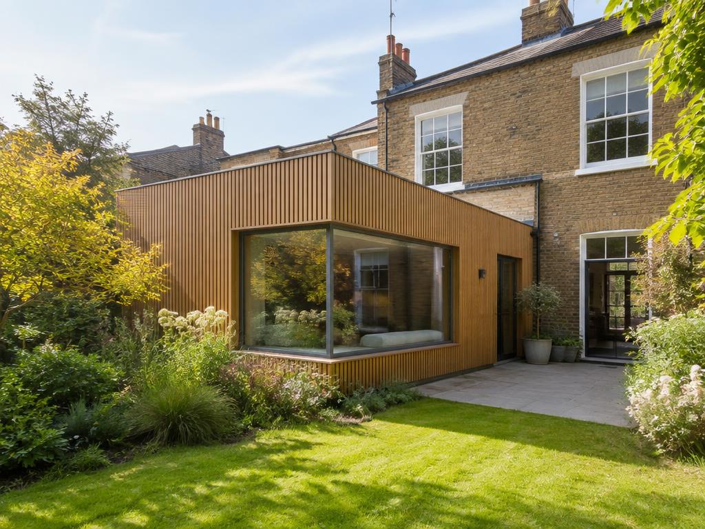 Timber-clad garden extension on a brick house