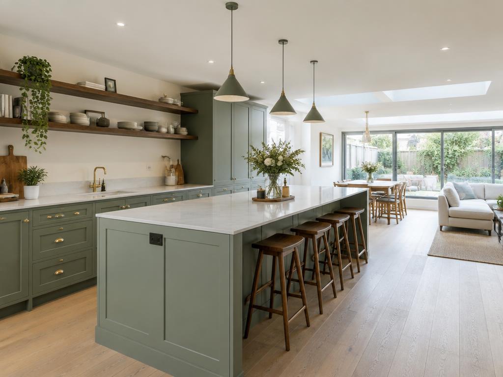 Sage green kitchen with island in an open-plan extension