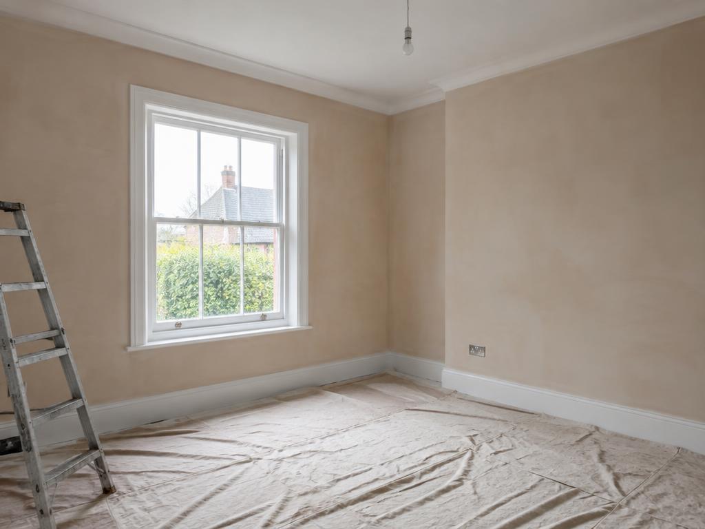 Freshly plastered room mid-renovation
