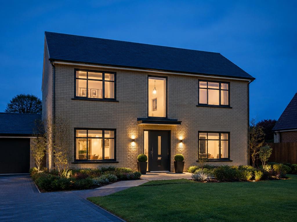 New-build house lit at blue hour