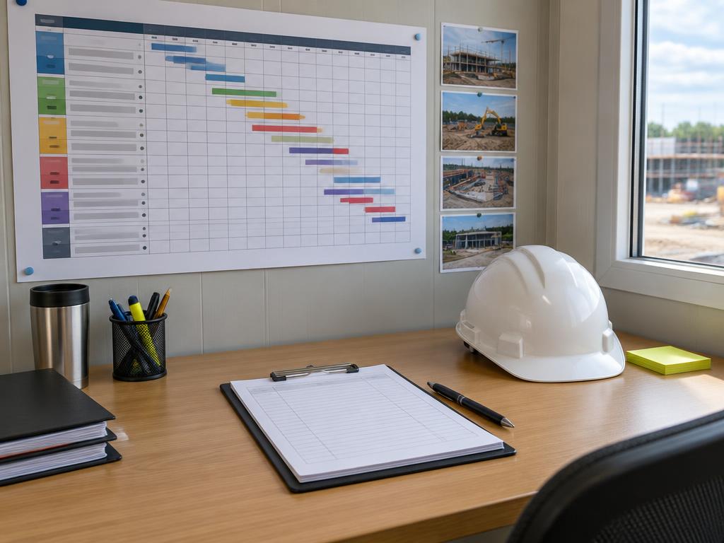 Build programme and site diary on a desk