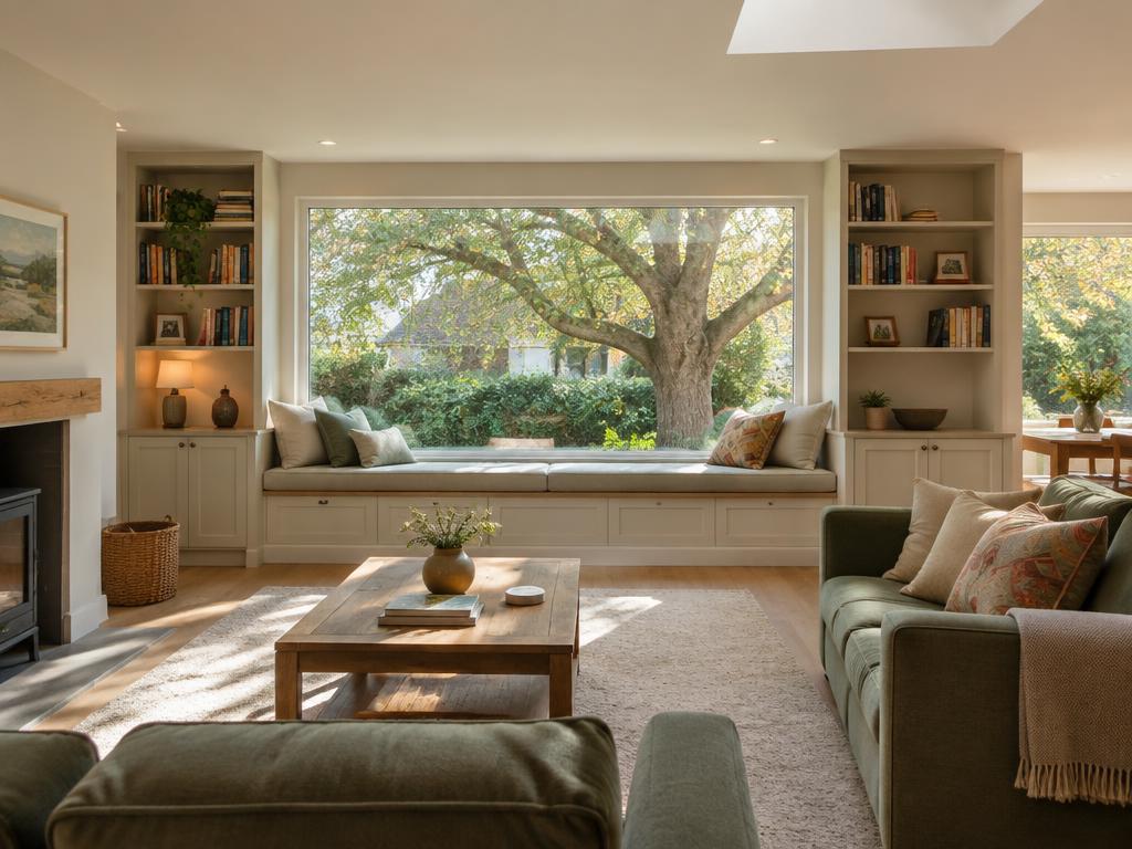 Living room with a large picture window in an extension