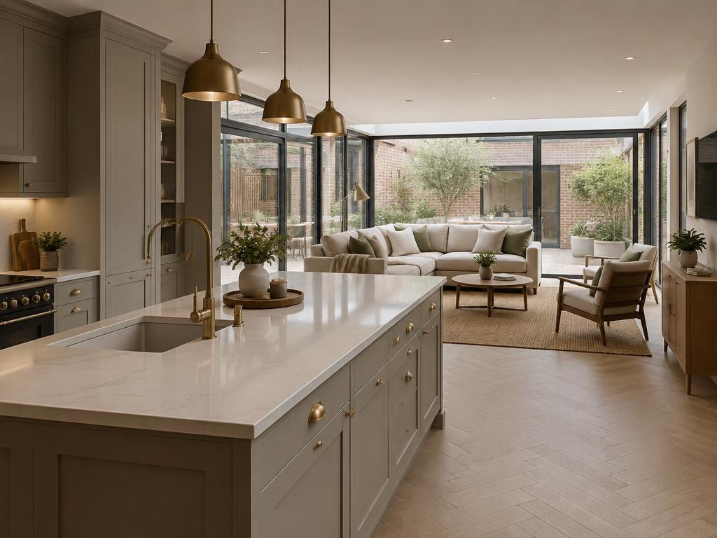 Grey kitchen with brass details in a wraparound extension