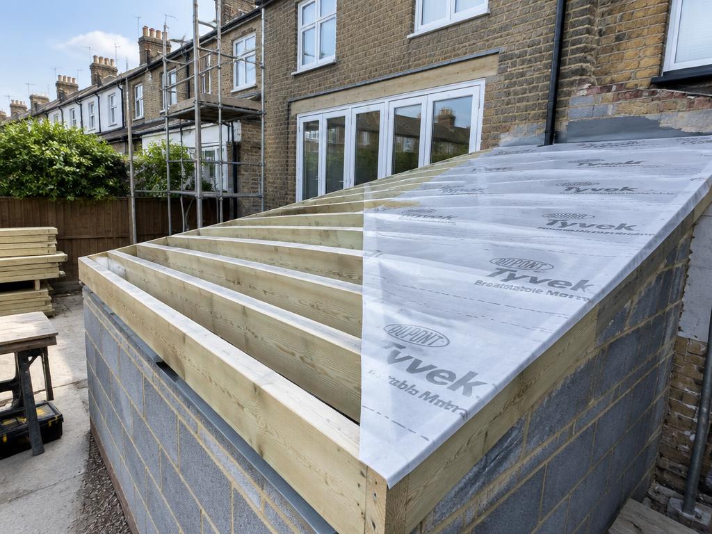 Timber roof joists over a side return extension