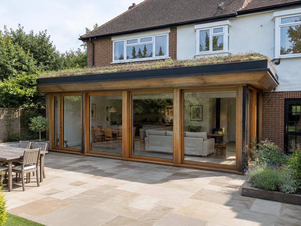 Oak-framed rear extension with green roof