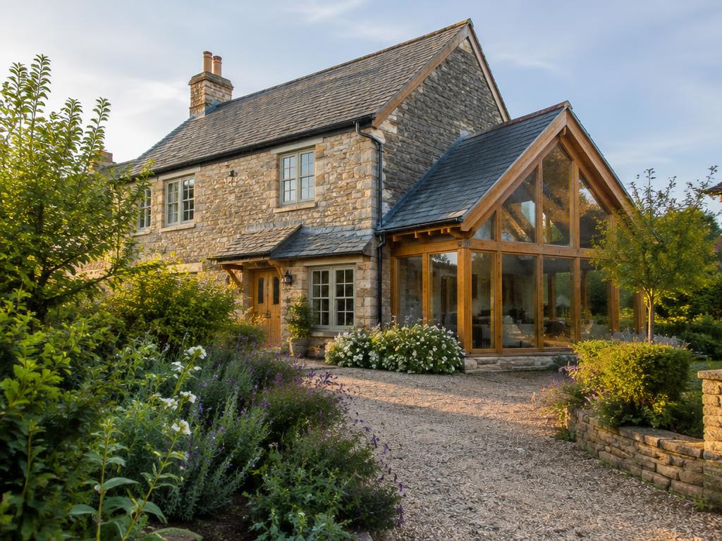 Oak-framed glazed extension on a stone cottage