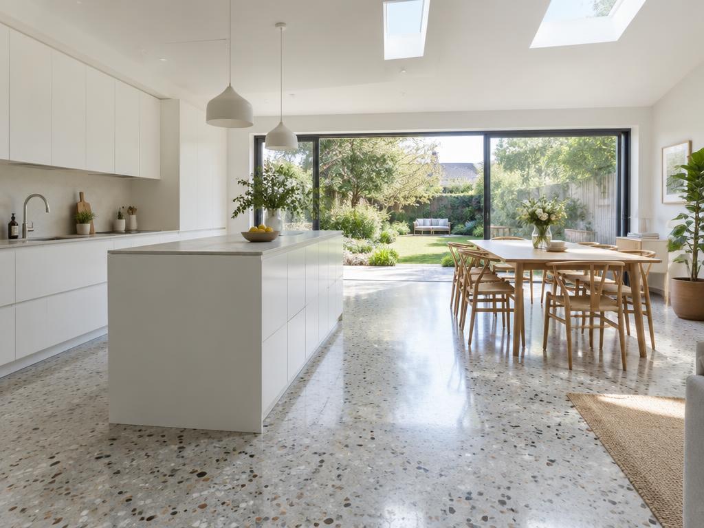 White kitchen and dining space opening to a garden