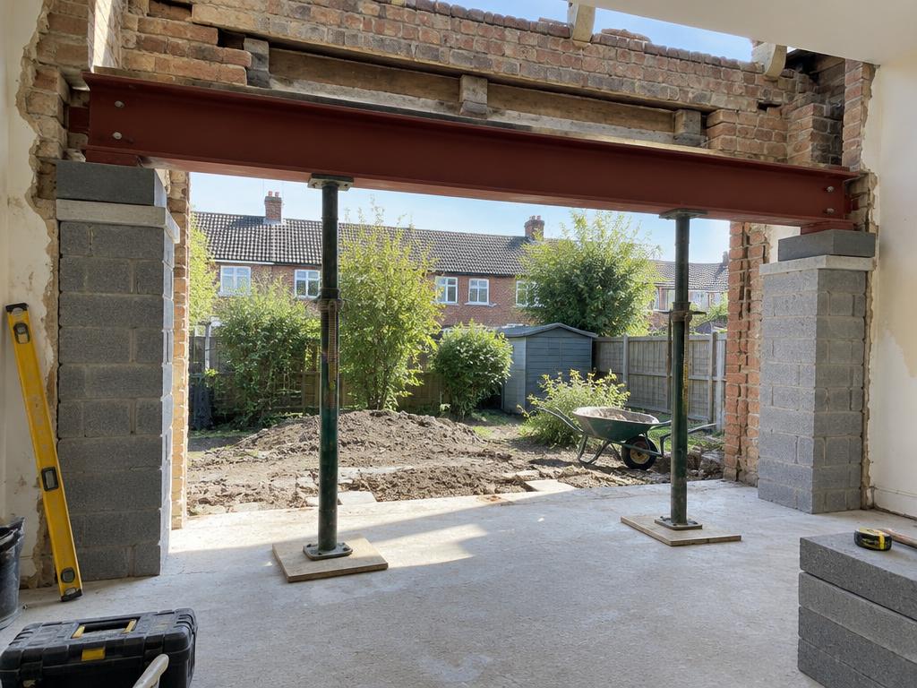 Steel beam supporting a new opening in a rear wall