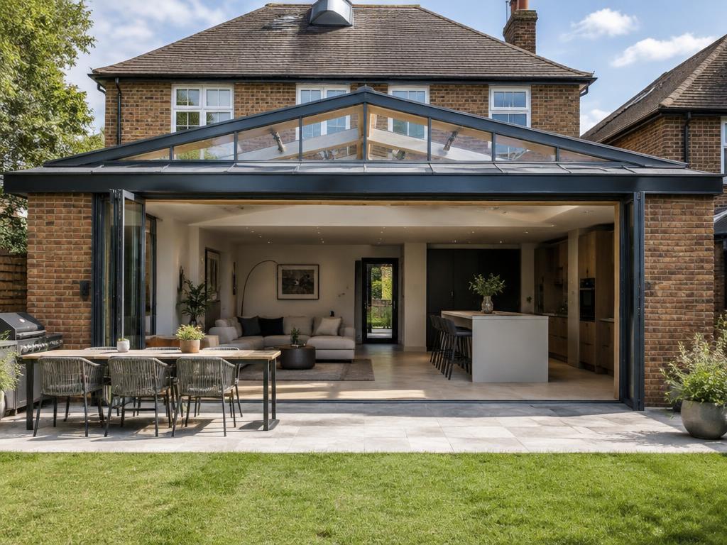 Rear extension with glazed roof and open doors