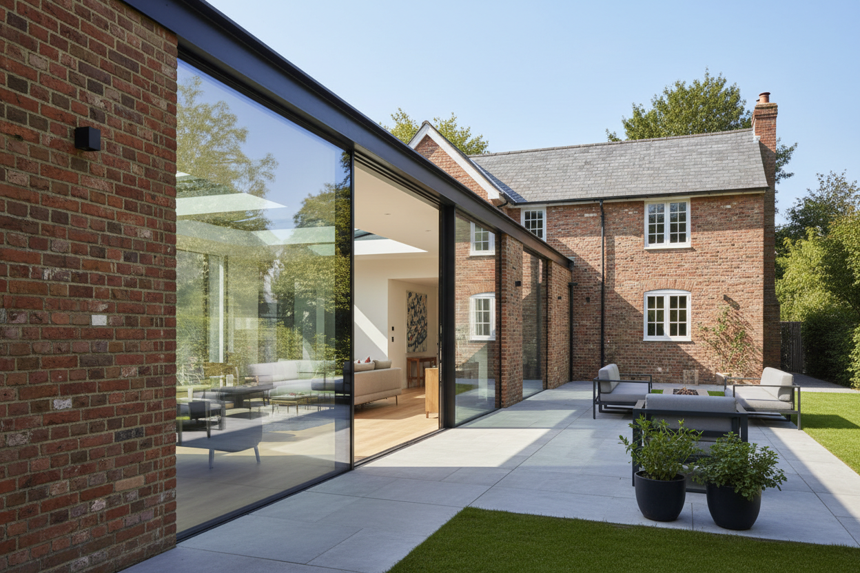 Modern house with large glass windows and a patio area.