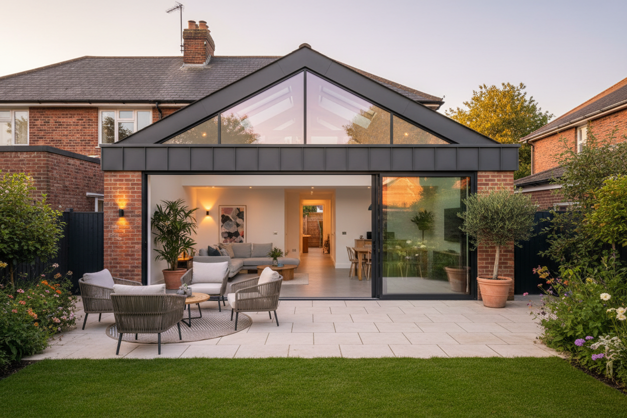 Modern extension of a house with glass walls, outdoor seating area, and garden.