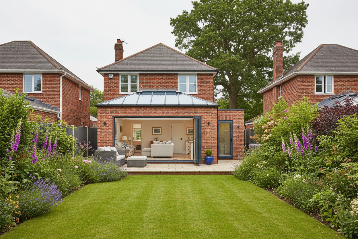 Modern house with a garden and outdoor seating area
