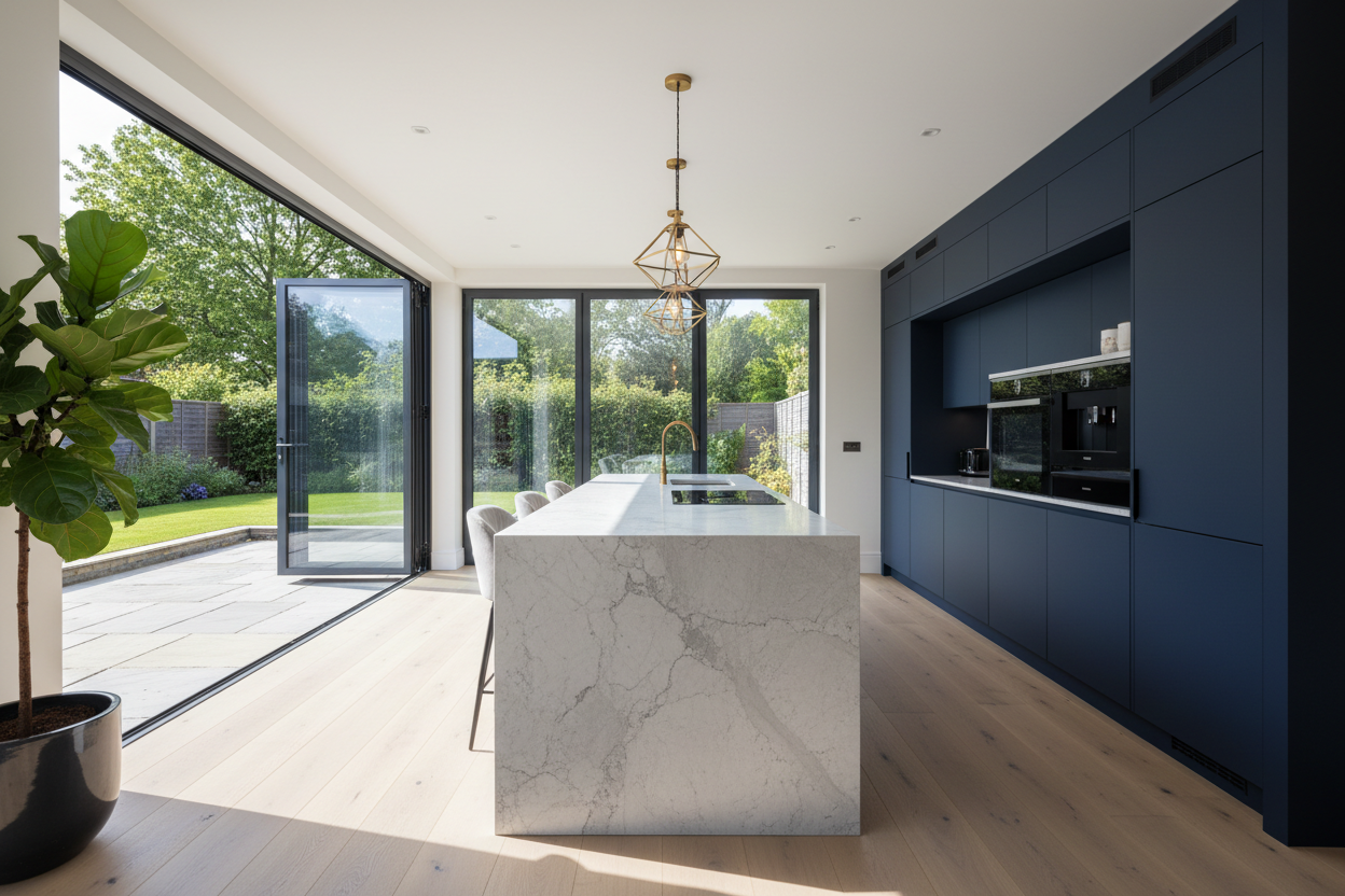Modern kitchen with dark blue cabinets, marble island, and large windows.