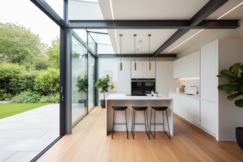 Contemporary steel-frame extension completed by Four Oaks Builders in Hampton in Arden
